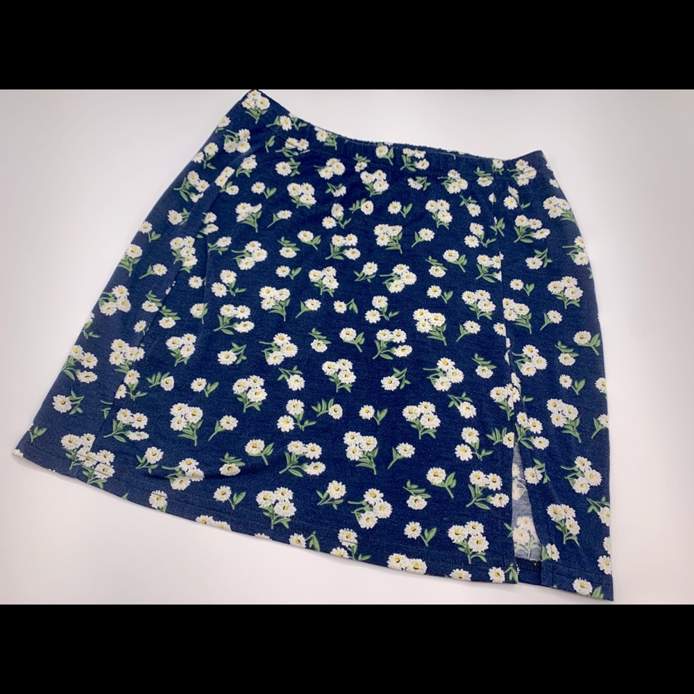 Navy Blue Split Hem Ditsy Floral Print Skirt